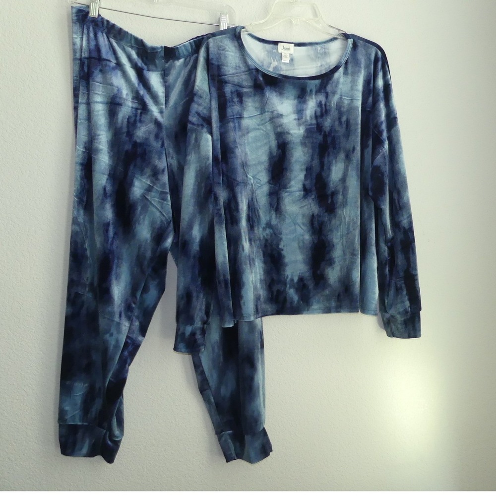 Jenni Intimates Women XXL Blue Tie Dye Pajama Set Velvet Loungewear 2pc Jogger